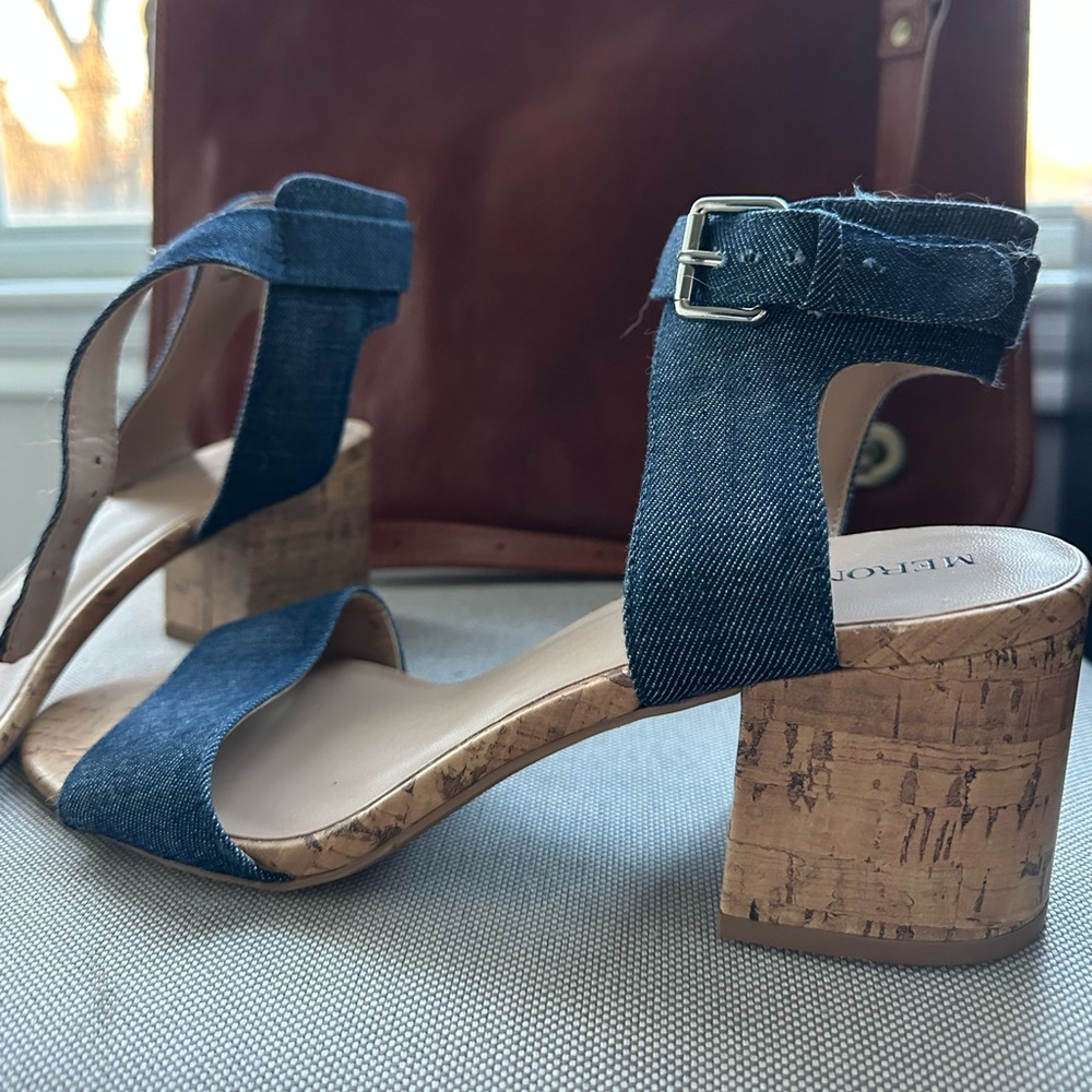 Merona heels in size 9.5; ankle strap in denim; never worn